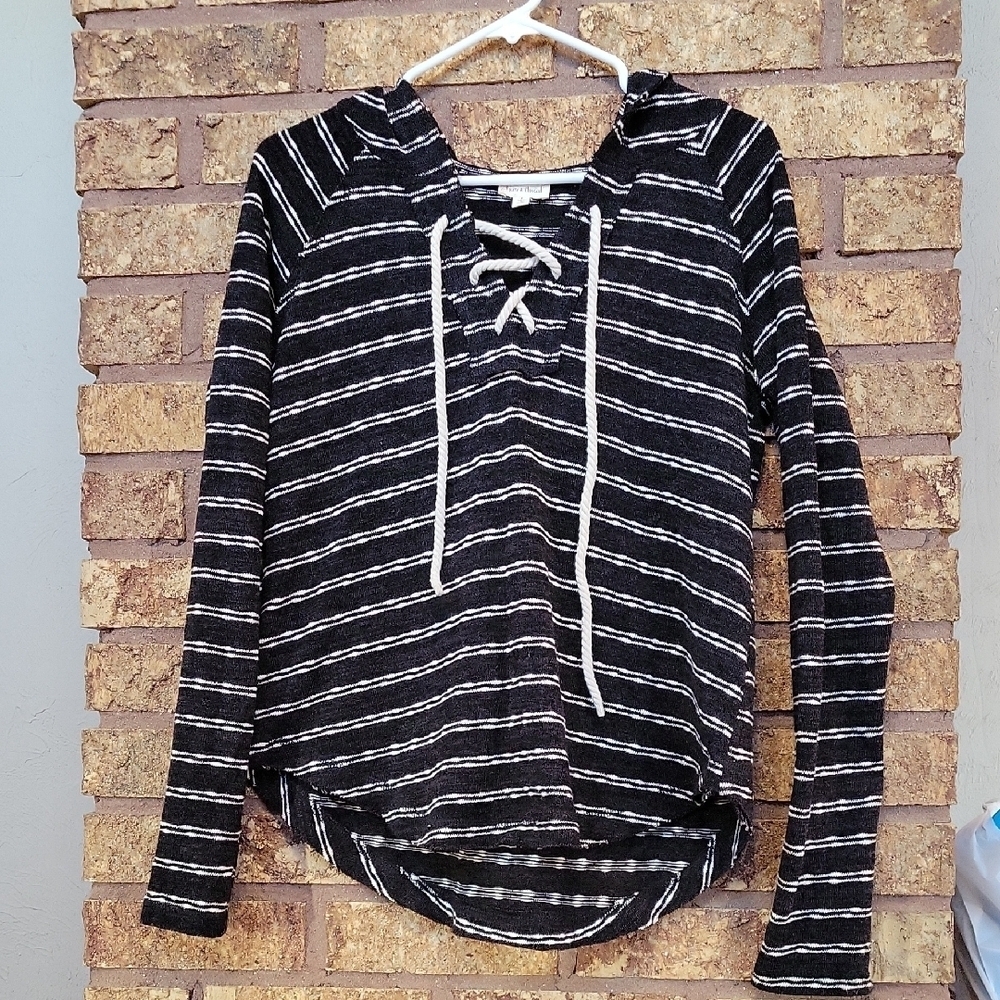 Hem & Thread Black and White Striped Hoodie Size Small Lightweight